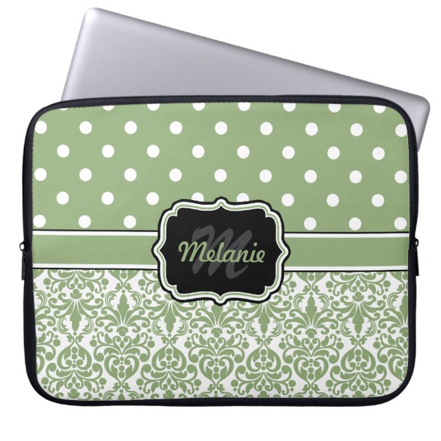 Sage Green Monogrammed Damask Polka Dot Laptop Sleeve (Voorkant)