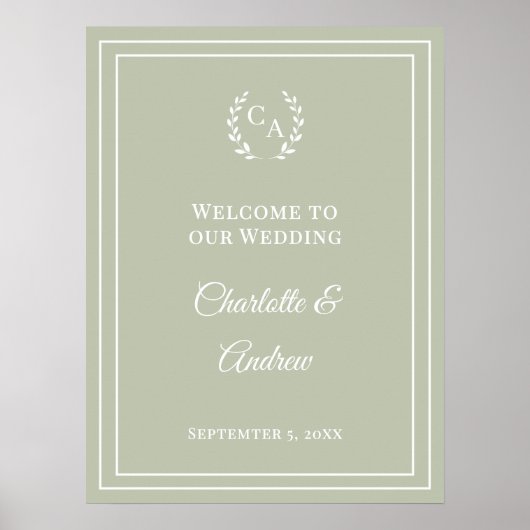 Sage green monogrammed elegant wedding welcome poster (Voorkant)