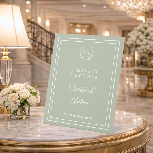 Sage green monogrammed elegant wedding welcome  reclamebord met voetstuk