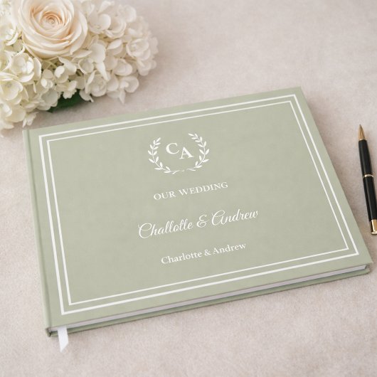 Sage green monogrammed wreath wedding gastenboek
