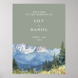 Sage Green Mountain Bloemen Huwelijk Welkom Teken Poster