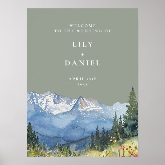 Sage Green Mountain Bloemen Huwelijk Welkom Teken Poster (Voorkant)