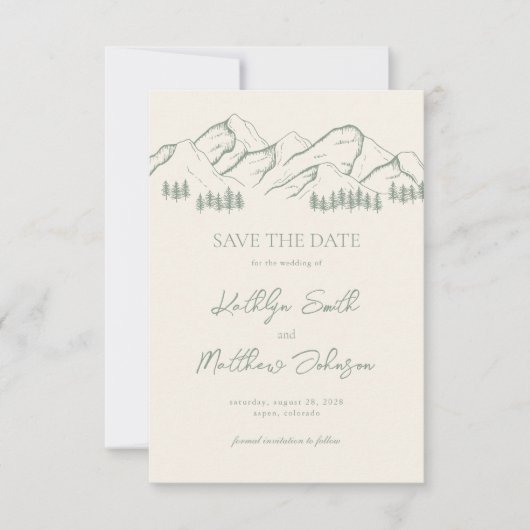 Sage Green Mountain Pine Tree Outdoor Bruiloft Save The Date (Voorkant)