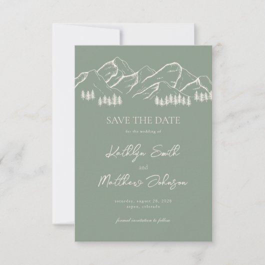 Sage Green Mountain Pine Tree Outdoor Bruiloft Save The Date (Voorkant)