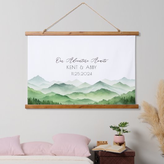 Sage Green Mountain Waterverf bruiloft gastenboek Hangend Wandkleed (Slaapkamer)