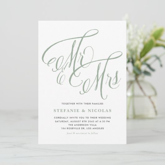 Sage Green Mrs. en Mrs Rustic Script Wedding Kaart (Staand voorkant)