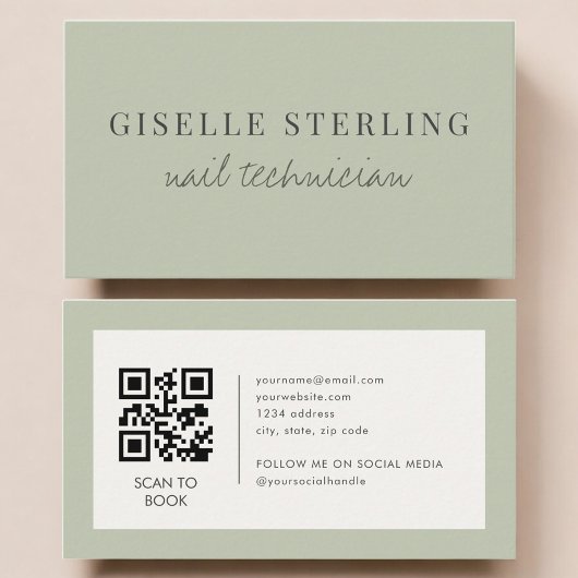 Sage Green Nail Technician QR Code Visitekaartje
