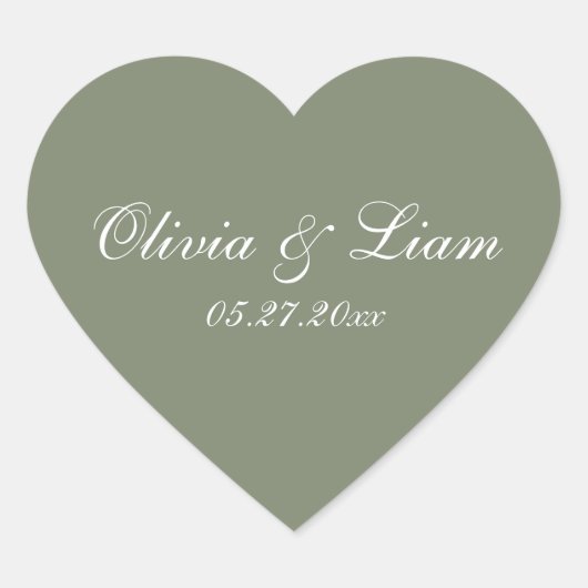 Sage Green Name Date Elegant Wedding Hart Sticker (Voorkant)