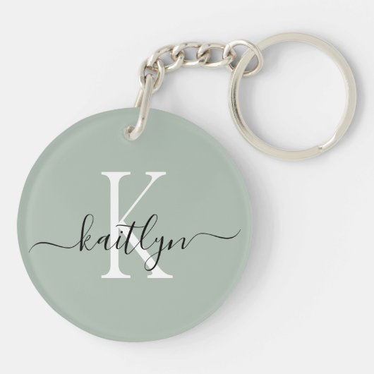 Sage Green Name Initiaal monogram Sleutelhanger (Achterkant)