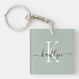 Sage Green Name Initiaal monogram Sleutelhanger