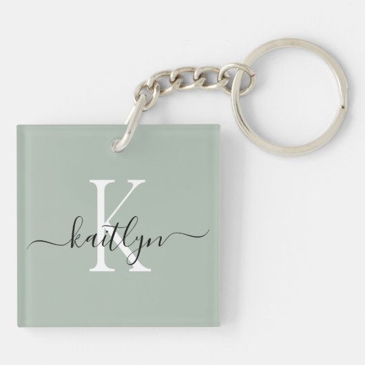 Sage Green Name Initiaal monogram Sleutelhanger (Achterkant)