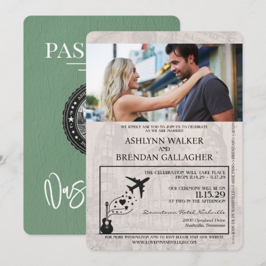 Sage Green Nashville Passport Wedding Kaart (Voorkant / Achterkant)