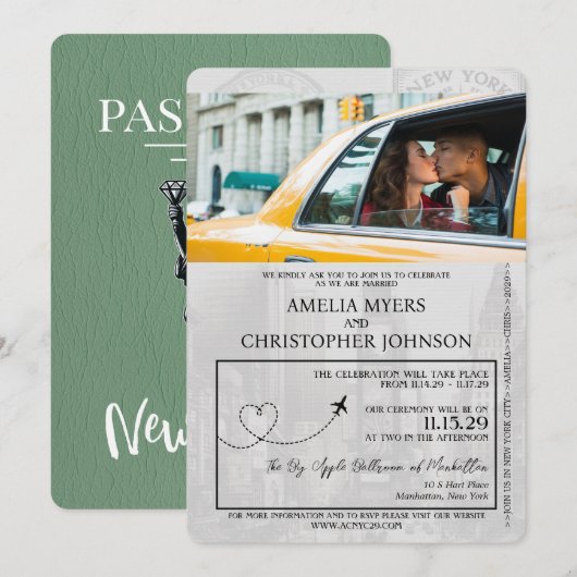 Sage Green New York Passport Wedding Kaart (Voorkant / Achterkant)