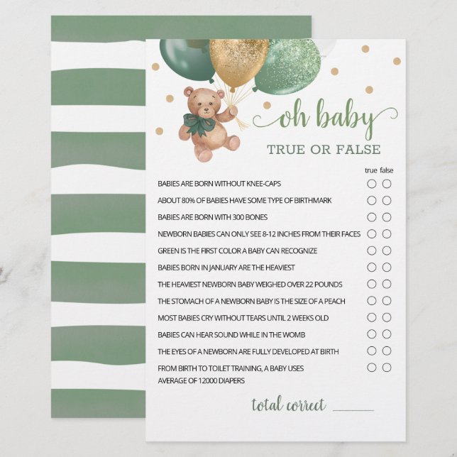 Sage Green Oh Baby True of False Game Teddy Bear (Voorkant / Achterkant)