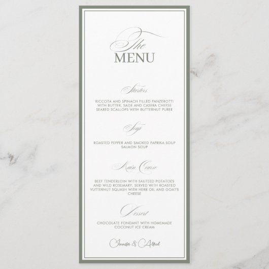 Sage Green Old Money Wedding Red Dinner Menu Card (Voorkant)