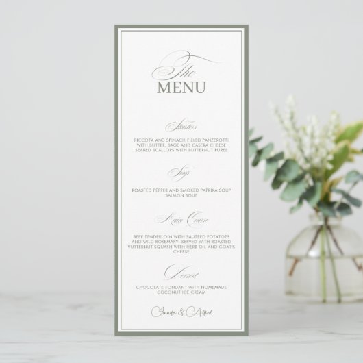 Sage Green Old Money Wedding Red Dinner Menu Card (Staand voorkant)