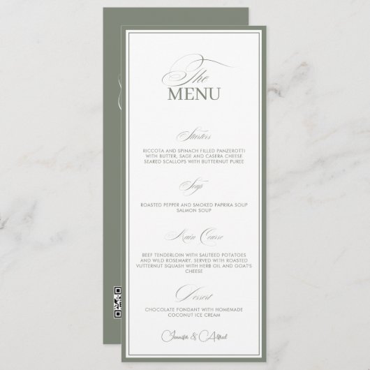 Sage Green Old Money Wedding Red Dinner Menu Card (Voorkant / Achterkant)