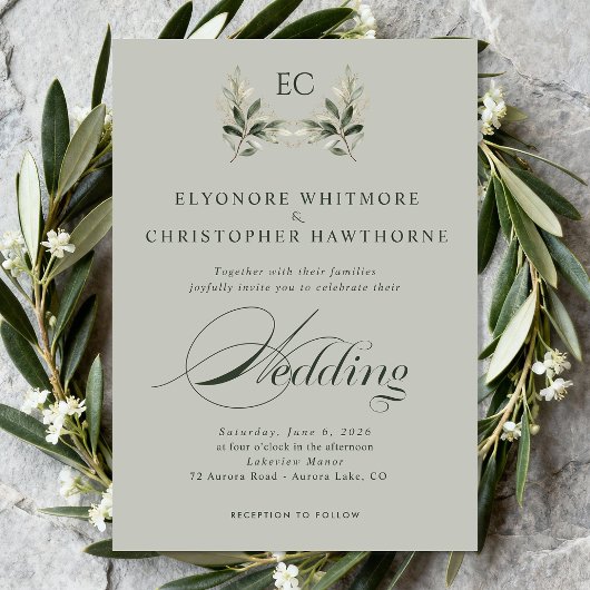 Sage Green Olive Branch Monogram Photo Wedding Kaart