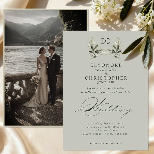 Sage Green Olive Branch Monogram Photo Wedding Kaart