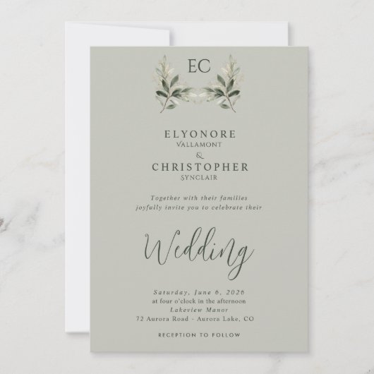 Sage Green Olive Branch Monogram Photo Wedding Kaart (Voorkant)