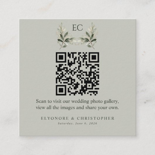 Sage Green Olive Branch Monogram Photos QR Code  Informatiekaartje (Voorkant)