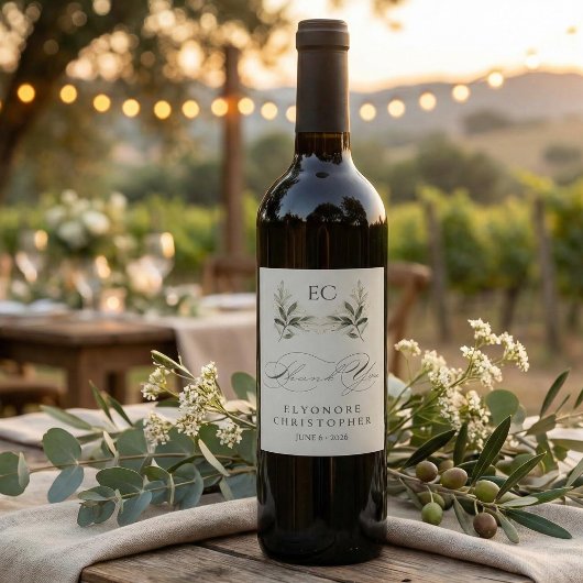 Sage Green Olive Branch Monogram Thank You Card Wijn Etiket