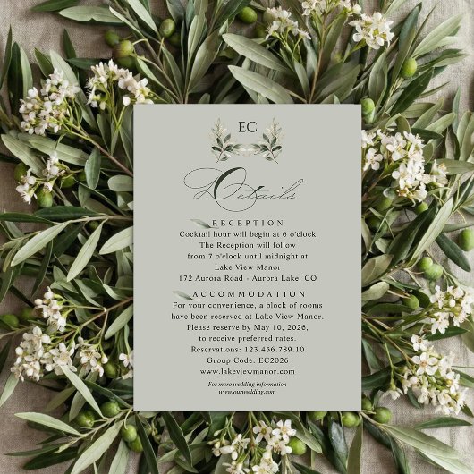 Sage Green Olive Branch Monogram Wedding Details  Informatiekaartje