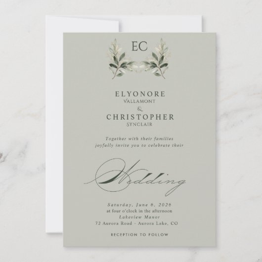 Sage Green Olive Branch Monogram Wedding Kaart (Voorkant)