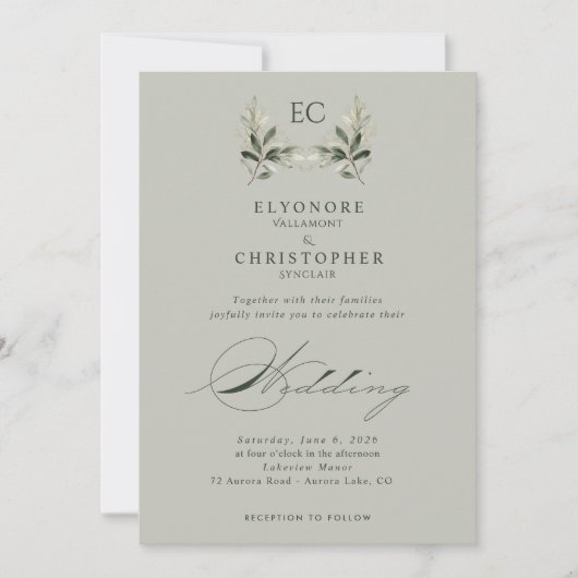 Sage Green Olive Branch Monogram Wedding Kaart (Voorkant)