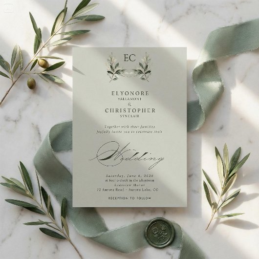Sage Green Olive Branch Monogram Wedding Kaart