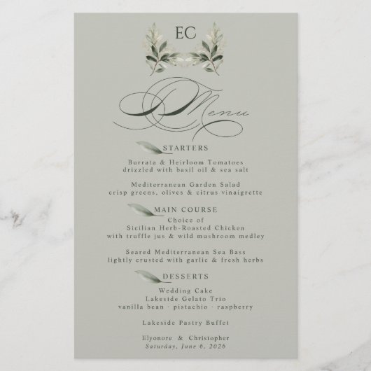 Sage Green Olive Branch Monogram Wedding Menu (Voorkant)