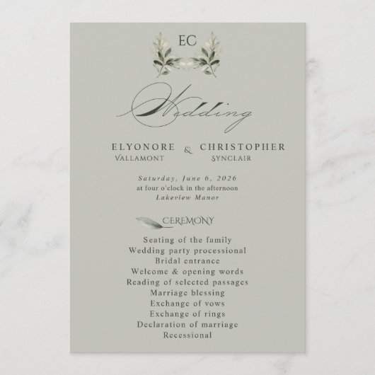 Sage Green Olive Branch Monogram Wedding Program  Programmakaart (Voorkant)
