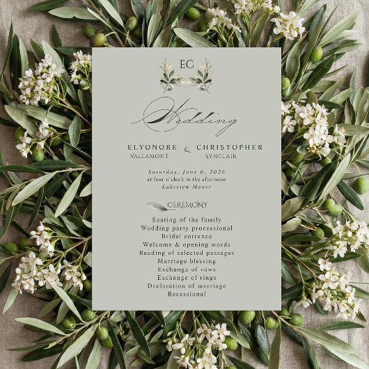 Sage Green Olive Branch Monogram Wedding Program  Programmakaart