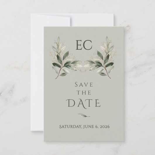 Sage Green Olive Branch Monogram Wedding Save The Date (Voorkant)