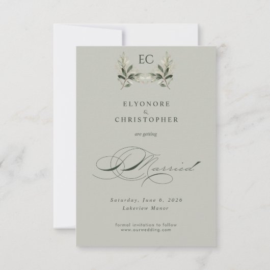 Sage Green Olive Branch Monogram Wedding Save The Date (Achterkant)