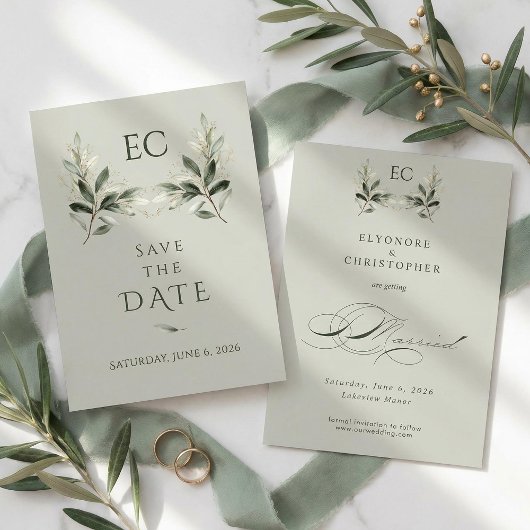 Sage Green Olive Branch Monogram Wedding Save The Date
