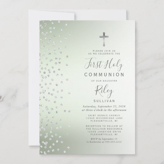 Sage Green Ombre Confetti Eerste Heilige Communie Kaart (Voorkant)