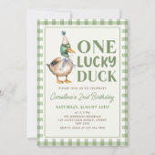 Sage Green One Lucky Duck 1st Verjaardag Uitnodigi Kaart