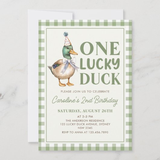 Sage Green One Lucky Duck 1st Verjaardag Uitnodigi Kaart (Voorkant)