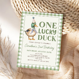 Sage Green One Lucky Duck 1st Verjaardag Uitnodigi Kaart