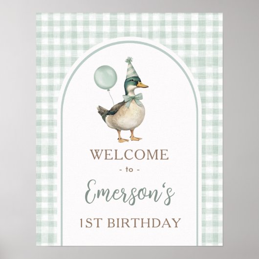 Sage Green One Lucky Duck 1st Verjaardag Welkom Poster (Voorkant)