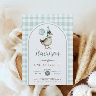 Sage Green One Lucky Duck Balloon 1e verjaardag Kaart