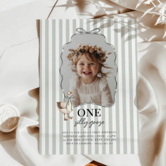 Sage Green One Silly Goose 1st Birthday Invitation Kaart