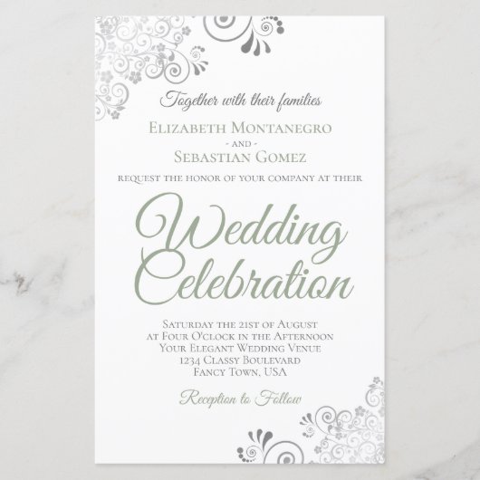 Sage Green op White BUDGET Wedding Invite Large (Voorkant)