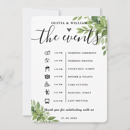 Sage Green Order of Events Elegant Wedding Program Kaart (Voorkant)
