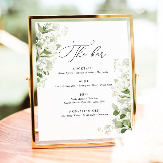 Sage Green Organic Greenery Wedding Bar Menu Reclamebord Met Voetstuk