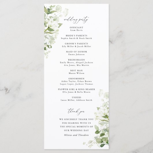 Sage Green Organic Greenery Wedding Ceremony Programmakaart (Achterkant)