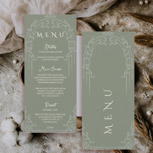Sage Green Ornate Arch Botanical Wedding Dinner  Menu