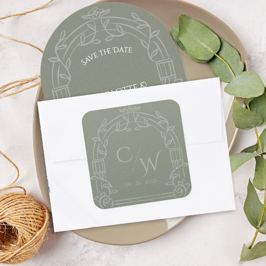 Sage Green Ornate Arch Botanical Wedding Envelope Vierkante Sticker