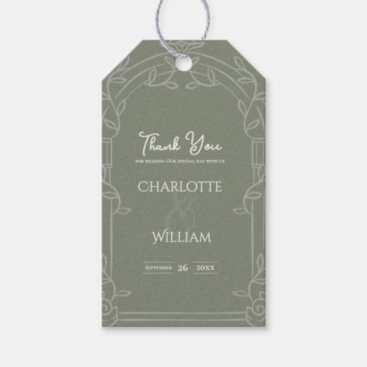 Sage Green Ornate Arch Botanical Wedding Favor Cadeaulabel (Voorkant)